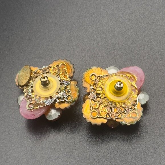 Vintage Michele Sugar Pink Clamshell Pink White Stone Rhinestone Earrings - Picture 5 of 10